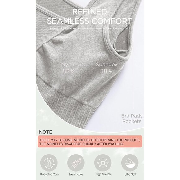 Women's Stone Washing Grey Square Neck Low Back Ribbed Cropped Sports Bra - Picture 5 of 5